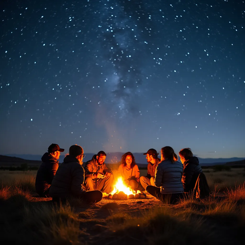 Fogata grupal bajo cielo estrellado en Argentina